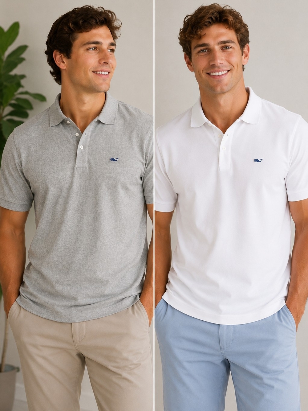 2 Vineyard Vines Men's Classic Polo - White and Heather Gray Size S